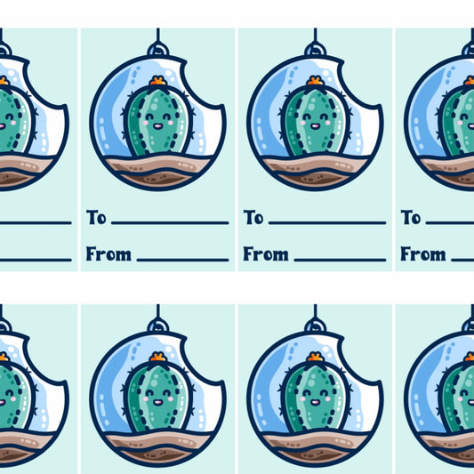 Picture of a grid of printable gift tags of a kawaii cute cactus in a bauble terrarium above two lines for to and from