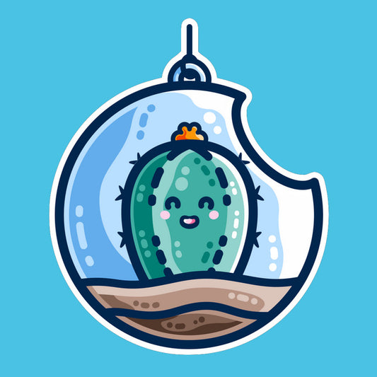 A kawaii cute happy green cactus succulent planted in a transparent hanging bauble terrarium on a turquoise background