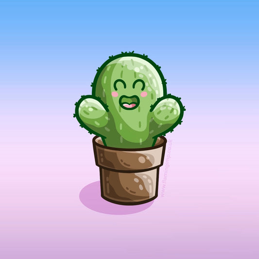 Drawing of a kawaii cute happy green cactus in a brown plant pot