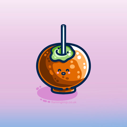 Digital drawing of a green apple pierced by a white stick and covered in brown caramel with a kawaii cute smily face