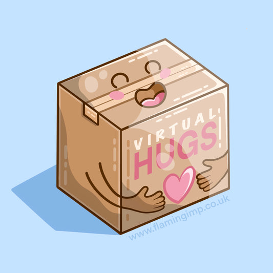 Kawaii cute cardboard box with a heart and hands and the words virtual hugs