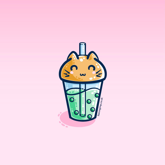 A kawaii cute ginger cat lid on a take away drinks container with straw, with green liquid and boba balls inside
