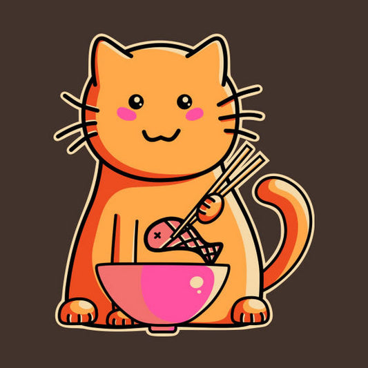 Cat eating fish with chopsticks