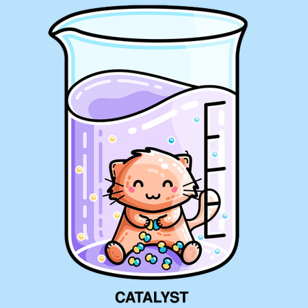 Cute cat in a beaker bonding atoms into molecules