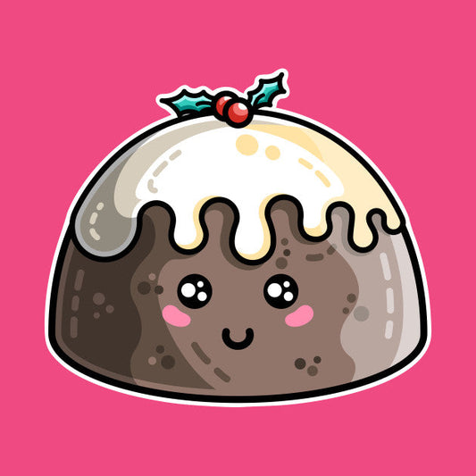 Kawaii cute Christmas pudding with cream and holly