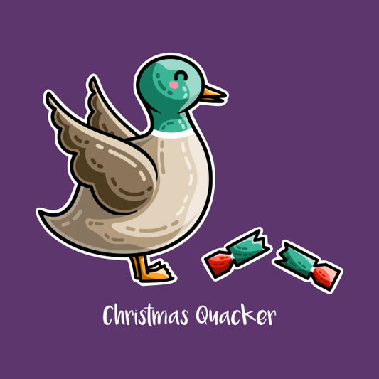 Digital image of a mallard duck seen side on facing to the right with a pulled red and green Christmas cracker at its feet and the words Christmas Quacker written beneath in white