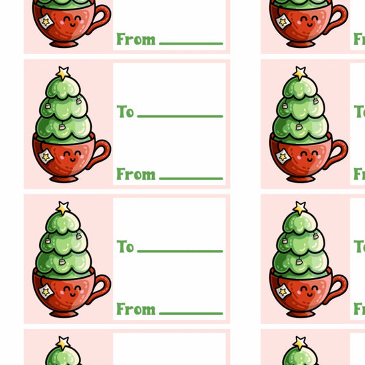 Picture of a grid of printable gift tags of a kawaii cute cup of tea with a Christmas tree planted in it next to two lines for to and from