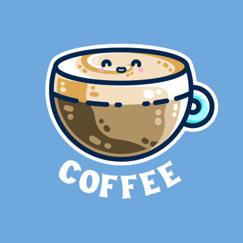 Digital drawing with a blue background of a glass cup full of coffee with a thick layer of cream on the top with a kawaii cute smiling face in the top of that cream and the word coffee written beneath the cup in white capital letters