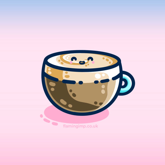A digital drawing of a glass cup containing a creamy latte with a thick layer of cream on the top and a cute smile on that cream