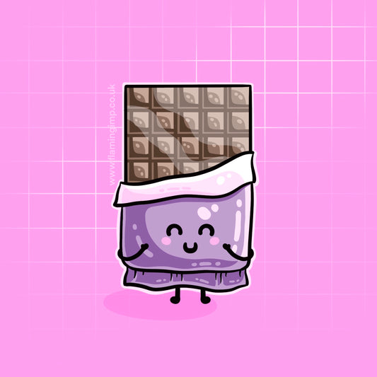 Kawaii cute chocolate bar, big with squares you can break off, with a purple wrapper half opened