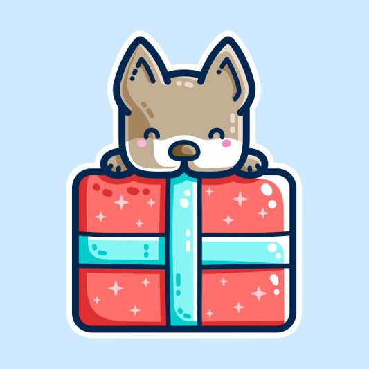 A red present with blue ribbon with a dog's head and front paws visible lying over the top of it. Kawaii cute style with dark blue outlines.