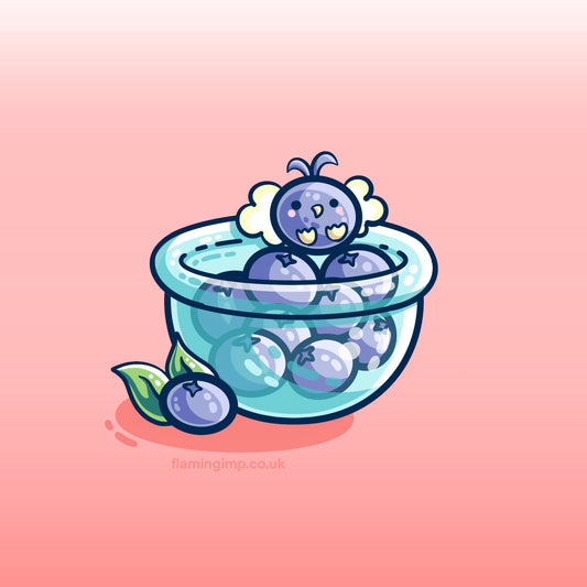 A digital drawing of a glass bowl of blueberries with a little kawaii cute winged blueberry creature on the top