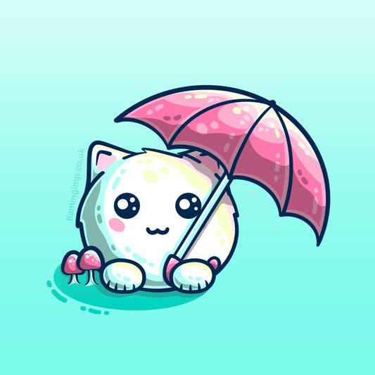 Drawing of a cute white fluffy cat and pink umbrella
