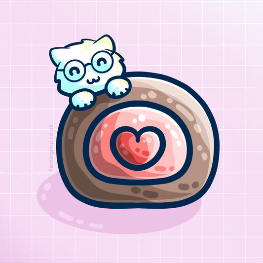 Cute white cat wearing glasses and chocolate roll with heart digital drawing