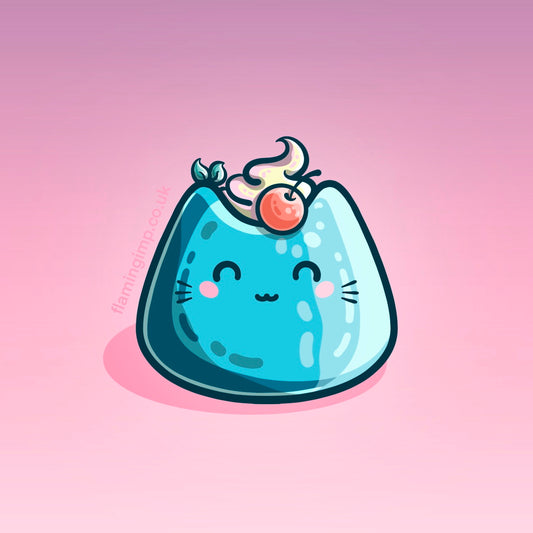 A drawing of a turquoise cat themed dessert with cherry and cream on top