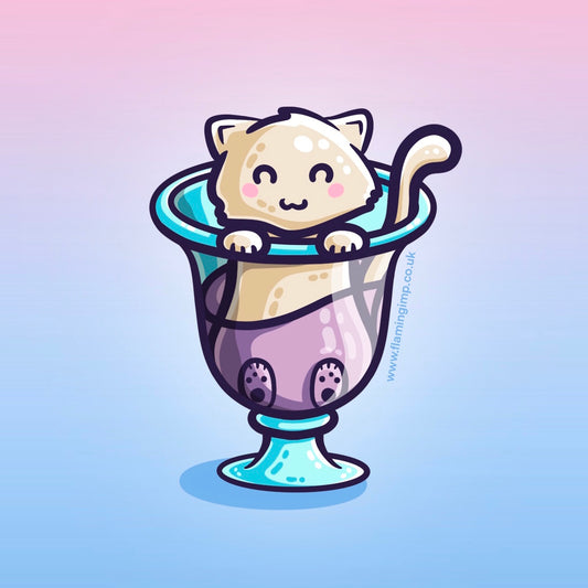 A drawing of a cute cat sat in a dessert glass