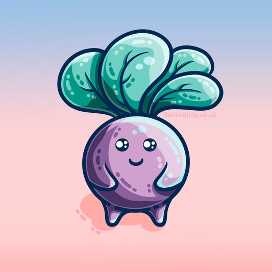 Digital drawing of a kawaii cute purple root with green leaves sprouting from the top