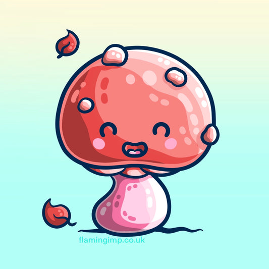 Digital drawing of a pink and red mushroom or toadstool with spots and some autumn leaves falling around it