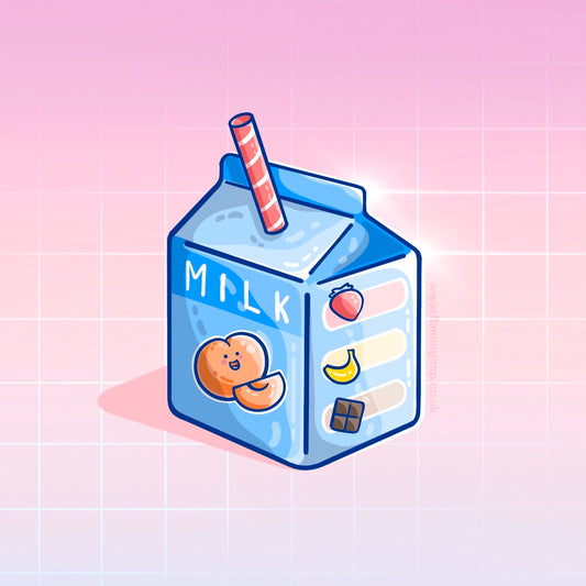 A drawing of a blue carton of peach milk with a stripy straw