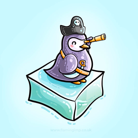 A cute penguin with pirate hat, sword and telesope floating on a piece of ice.