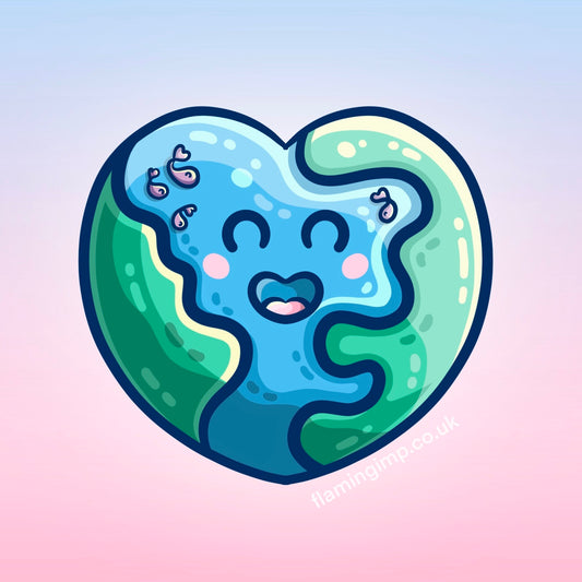 Drawing of a heart shaped Earth in a kawaii cute style