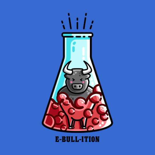 A boiling flask of red liquid with a kawaii cute bull inside and written beneath is e-bull-ition