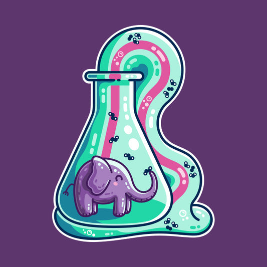 Digital drawing of a cute purple elephant in a conical flask with overflowing turquoise foam with a pink stripe
