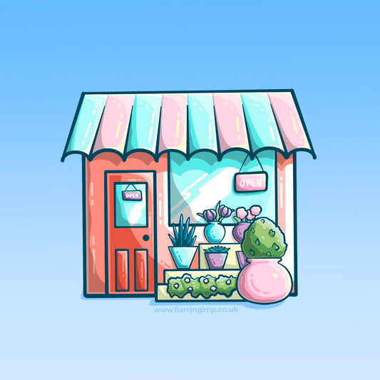 A colourful drawing of a flower shop with awning and pots of flowers