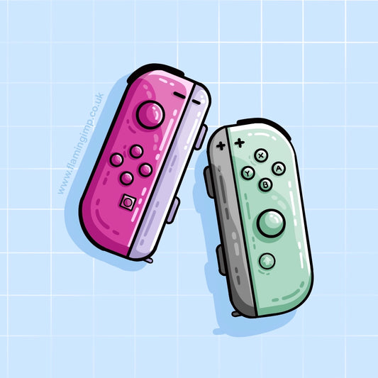 One pink and one green video game controller drawing
