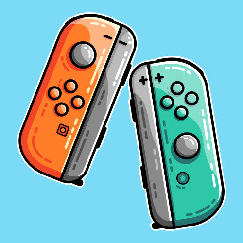 An orange and a turquoise gaming controller image