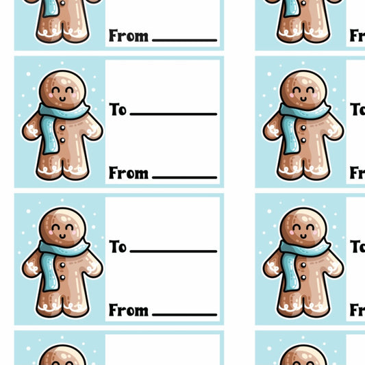 Picture of a grid of printable gift tags of a kawaii cute gingerbread man wearing a blue scarf with snow falling next to two lines for to and from