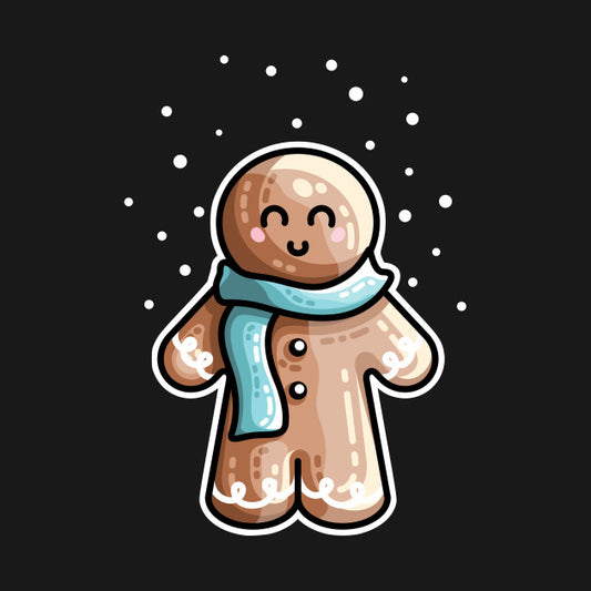 A cute gingerbread person wearing a blue scarf in the snow