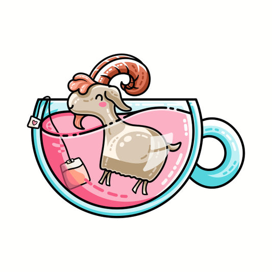 Kawaii cute goat in a teacup with teabag