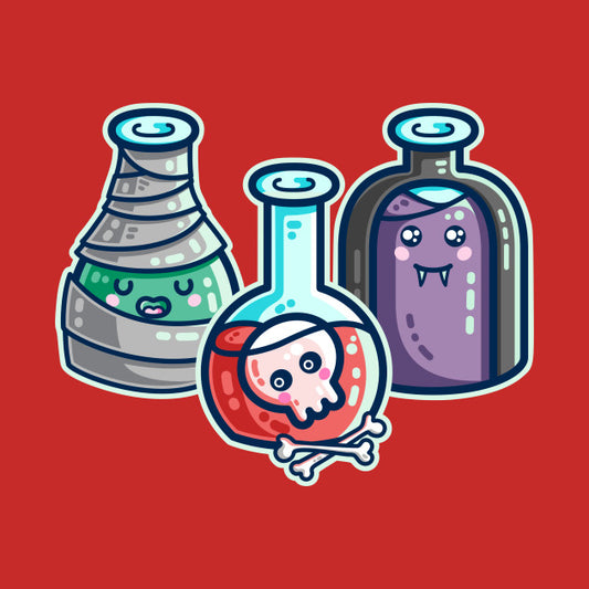 Halloween digital drawing of a cluster of three different shaped glass bottles, one with green liquid wrapped in bandages as a mummy, one with red liquid and a skull inside, one with purple liquid with a black cape and fangs as a vampire
