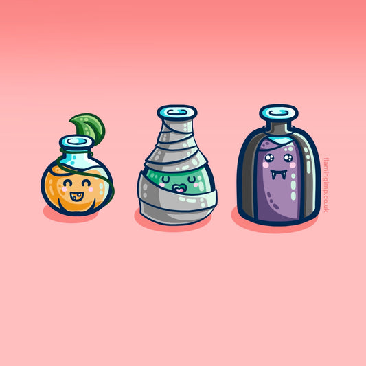 Digital drawing showing a spherical potion bottle like pumpkin with an orange liquid on the left, in the middle a bottle wrapped in bandages like a mummy with green liquid inside, the right hand bottle has a purple liquid with fangs and is draped in a bla
