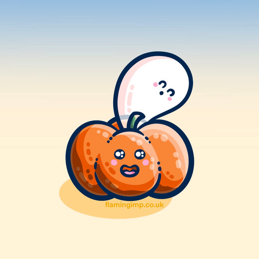Digital drawing of a kawaii cute orange pumpkin with a green stalk and a kawaii cute white ghost emerging from the top and looming over it