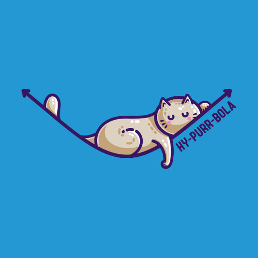A cute brown cat asleep on a hyperbola arc with a front leg dangling and the pun text 'hy-purr-bola'.
