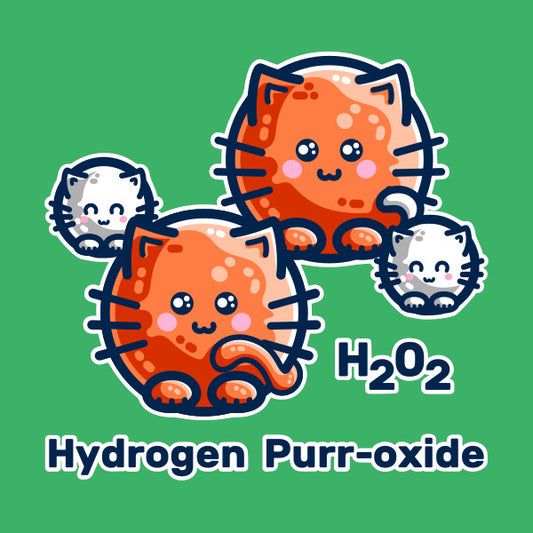 Digital drawing of a hydrogen peroxide molecule turning the atoms into round cats. Two white kittens for peroxide and two large orange cats for oxygen, on an green background. Text says H202 Hydrogen Purr-oxide