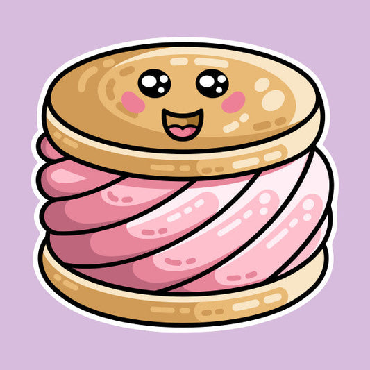 Strawberry ice cream sandwiched between two biscuits