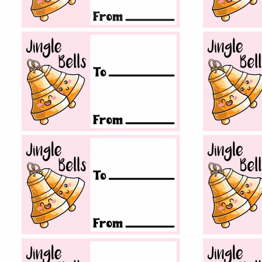 Picture of a grid of printable gift tags of a two happy bells next to two lines for to and from