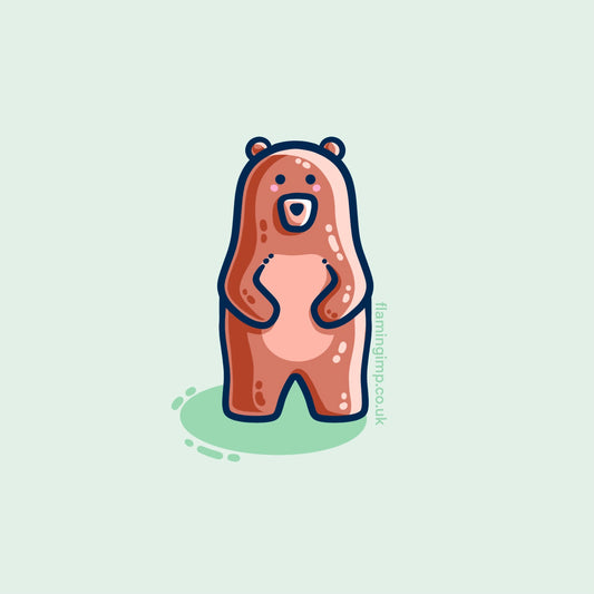 Kawaii cute brown bear standing upright, with a green background.
