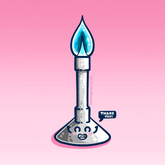 A digital drawing of a kawaii cute Bunsen burner with a blue flame and speach bubble saying thank you!