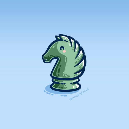 A cute knight chess piece coloured green and facing to the left on a blue background