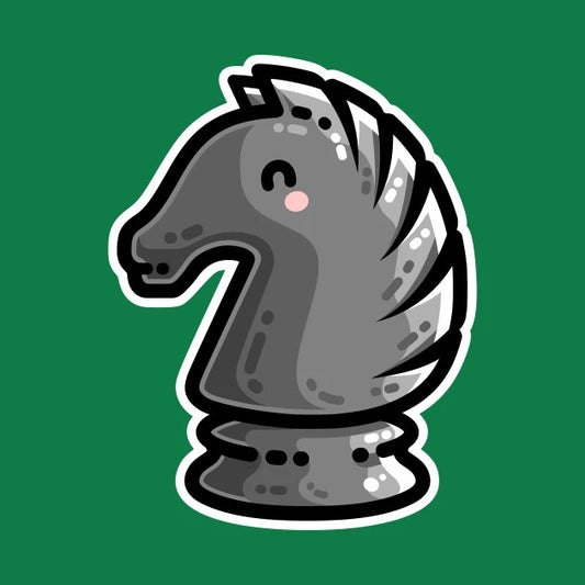 A black knight chess piece facing to the left in a kawaii cute style with thick lines and pink cheek blush