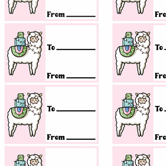 Picture of a grid of printable gift tags of a llama carrying presents next to two lines for to and from