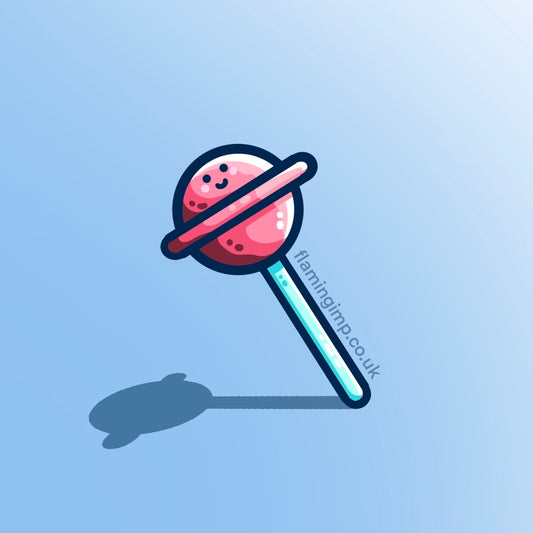 Digital drawing of a kawaii cute smiling pink lollipop on a white stick at an angle against a pale blue background with a shadow of the lollipop beneath