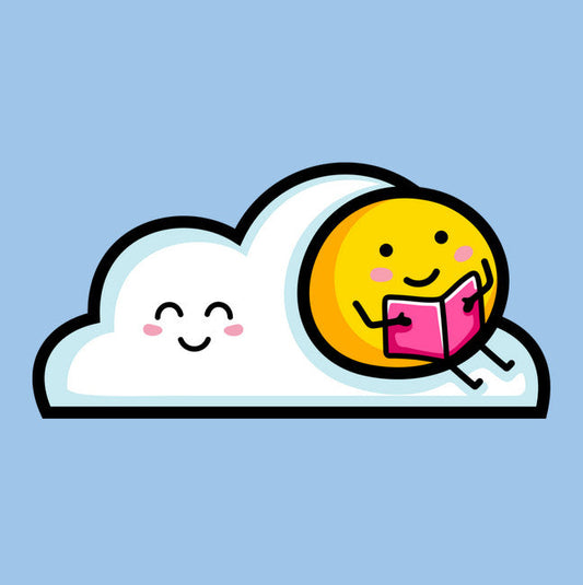 Cute sun sitting on a cloud reading a book