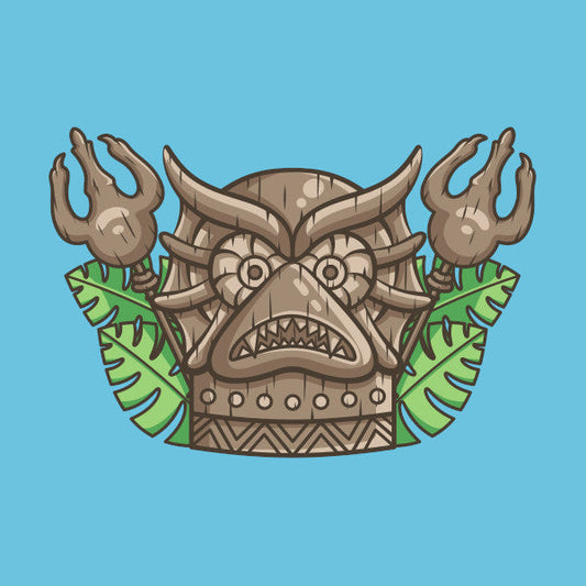 Mer-Man wooden tiki totem with hawaiian leaves