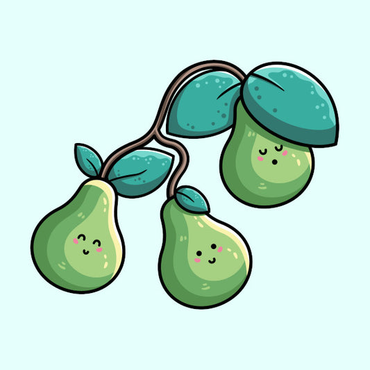Kawaii cute pears and leaves on a branch