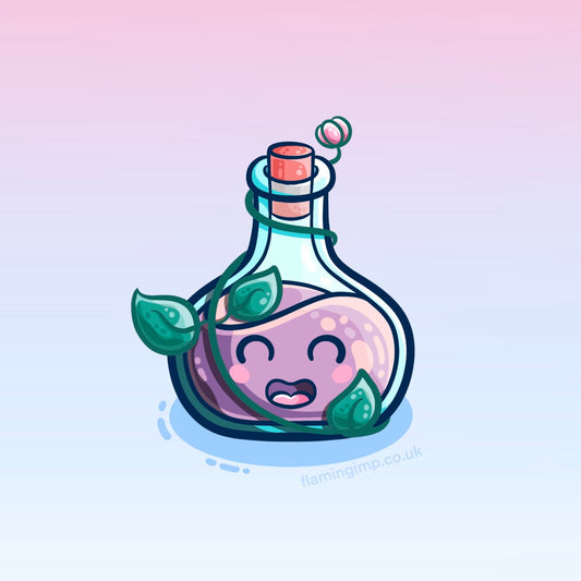 Drawing of a small bulbous glass bottle and a plant growing around it